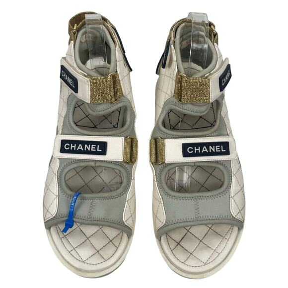 Chanel Goatskin Fabric Quilted Gladiator Dad Sandals White Gray Size 41C - Picture 4 of 13